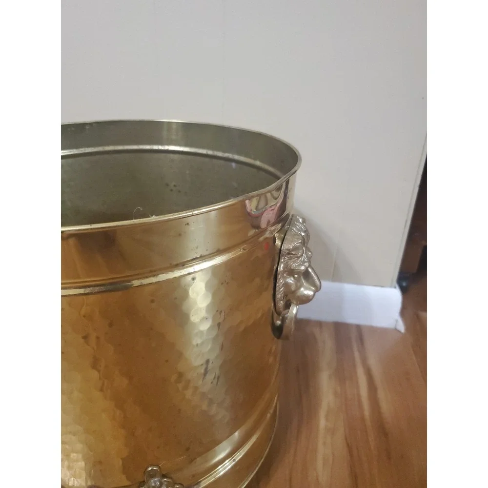 Vintage Brass Lion Head Planter Hollywood Regency Footed Cachepot Plant Pot